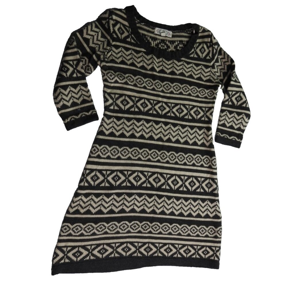 Pink Rose Sweater Dress Small Gray Black White Geometric Aztec Fair Isle Knit - Picture 2 of 8